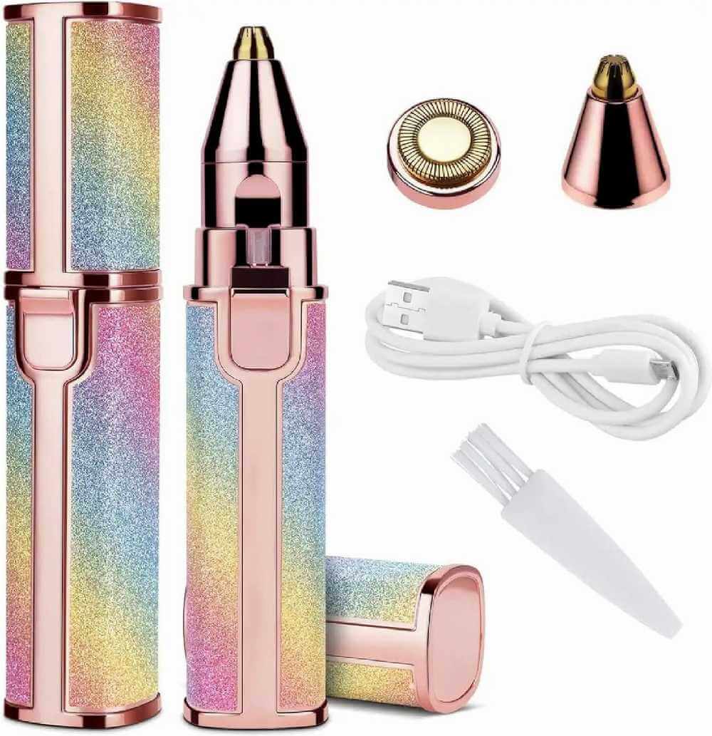 Multicolored handheld device with attachments and cable on a white background