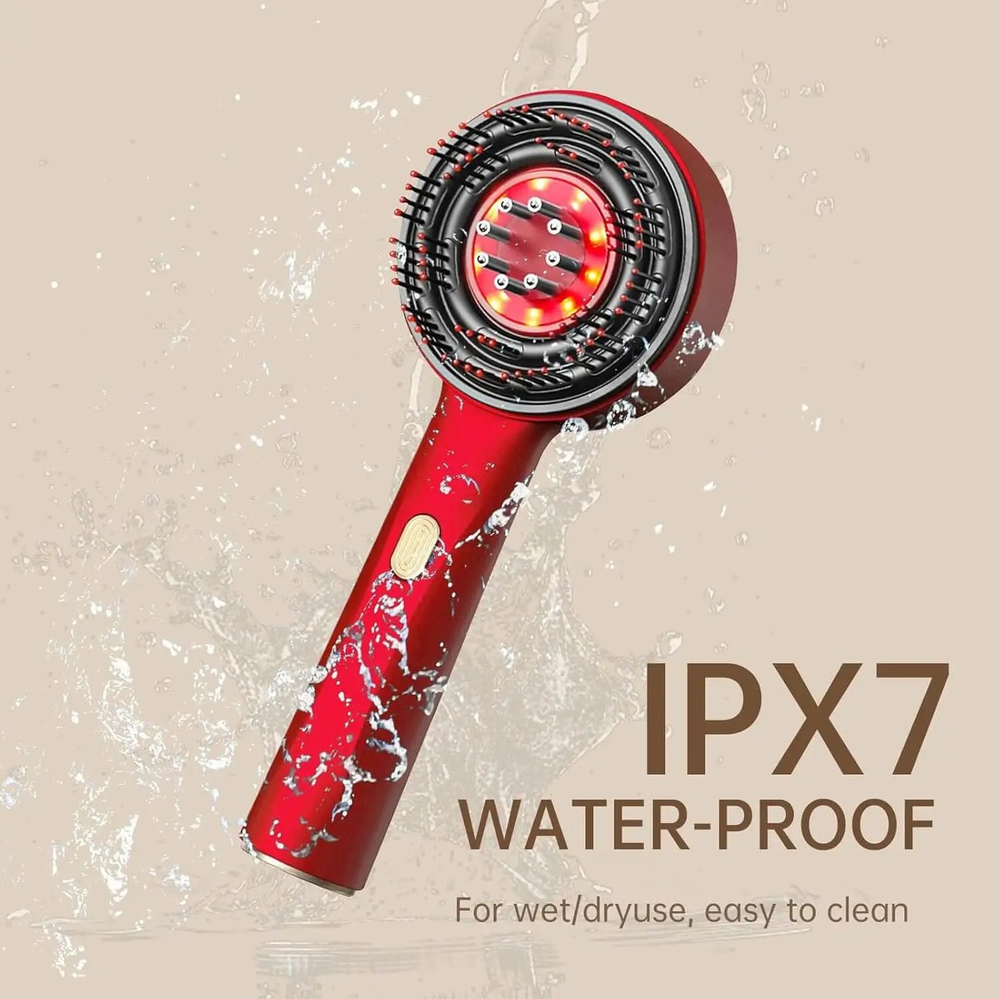 Red hair dryer with water splashes on a beige background, featuring IPX7 waterproof rating.