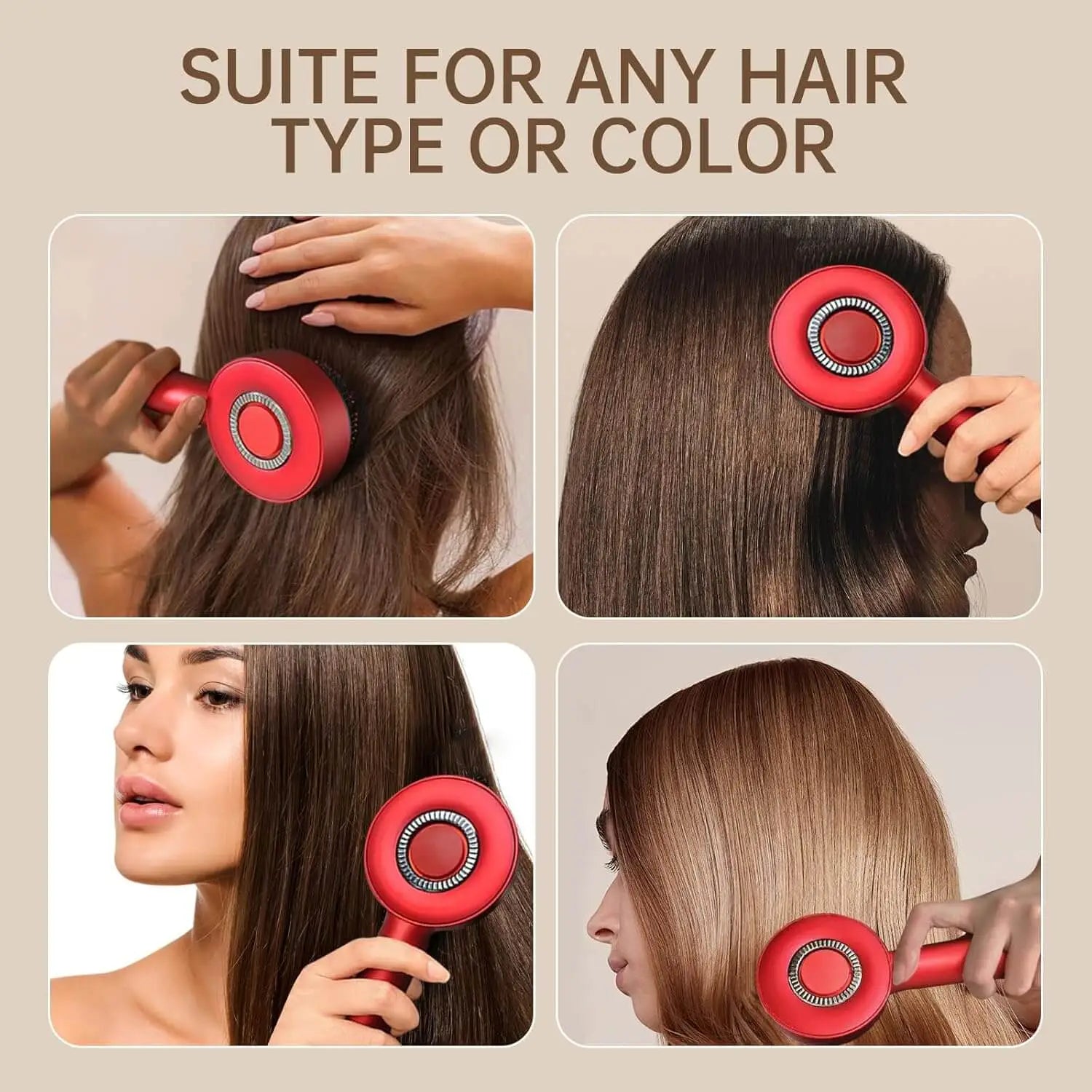 Red hair straightening tool being used on different hair types with text 'Suitable for any hair type or color'.