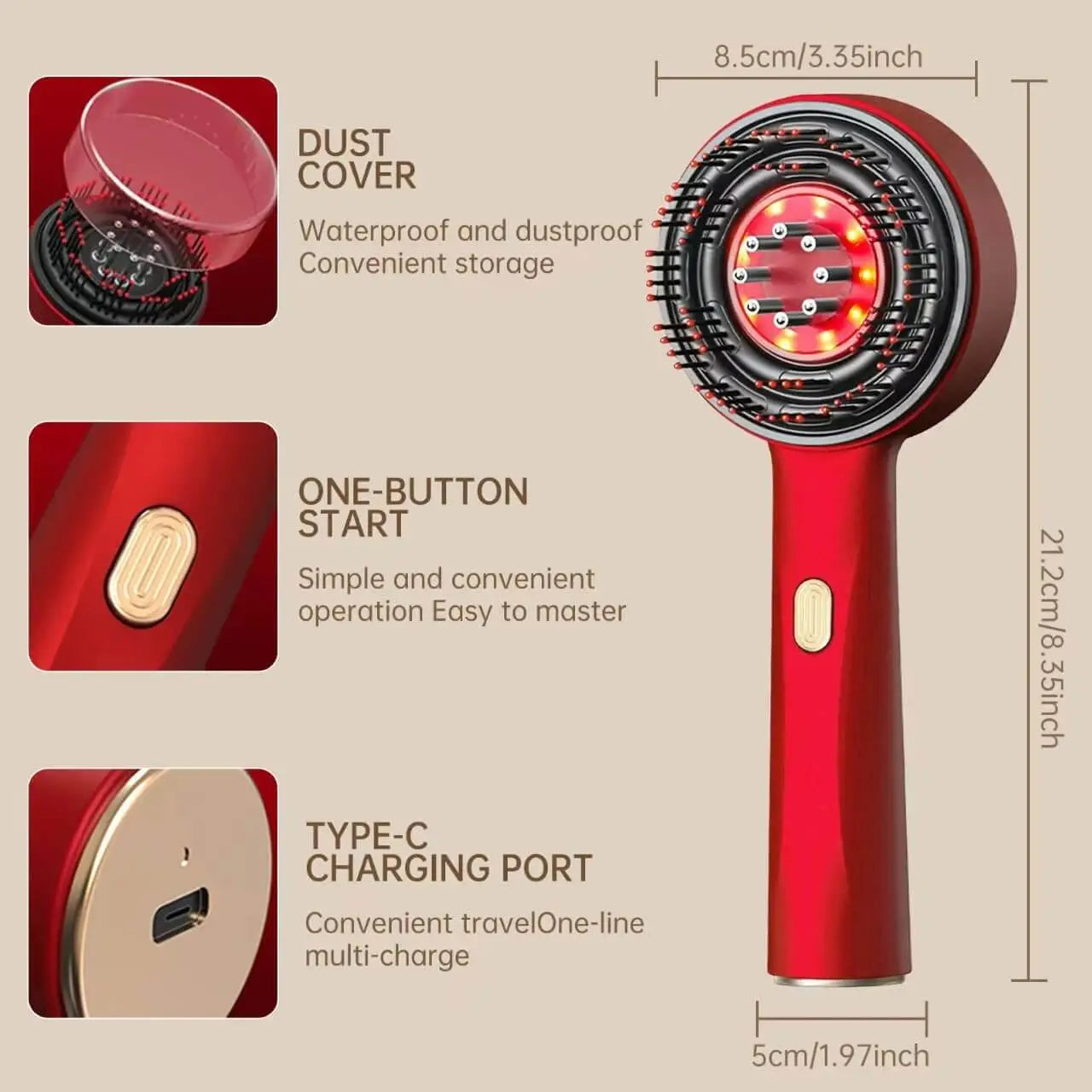 Red handheld device with features highlighted on a beige background