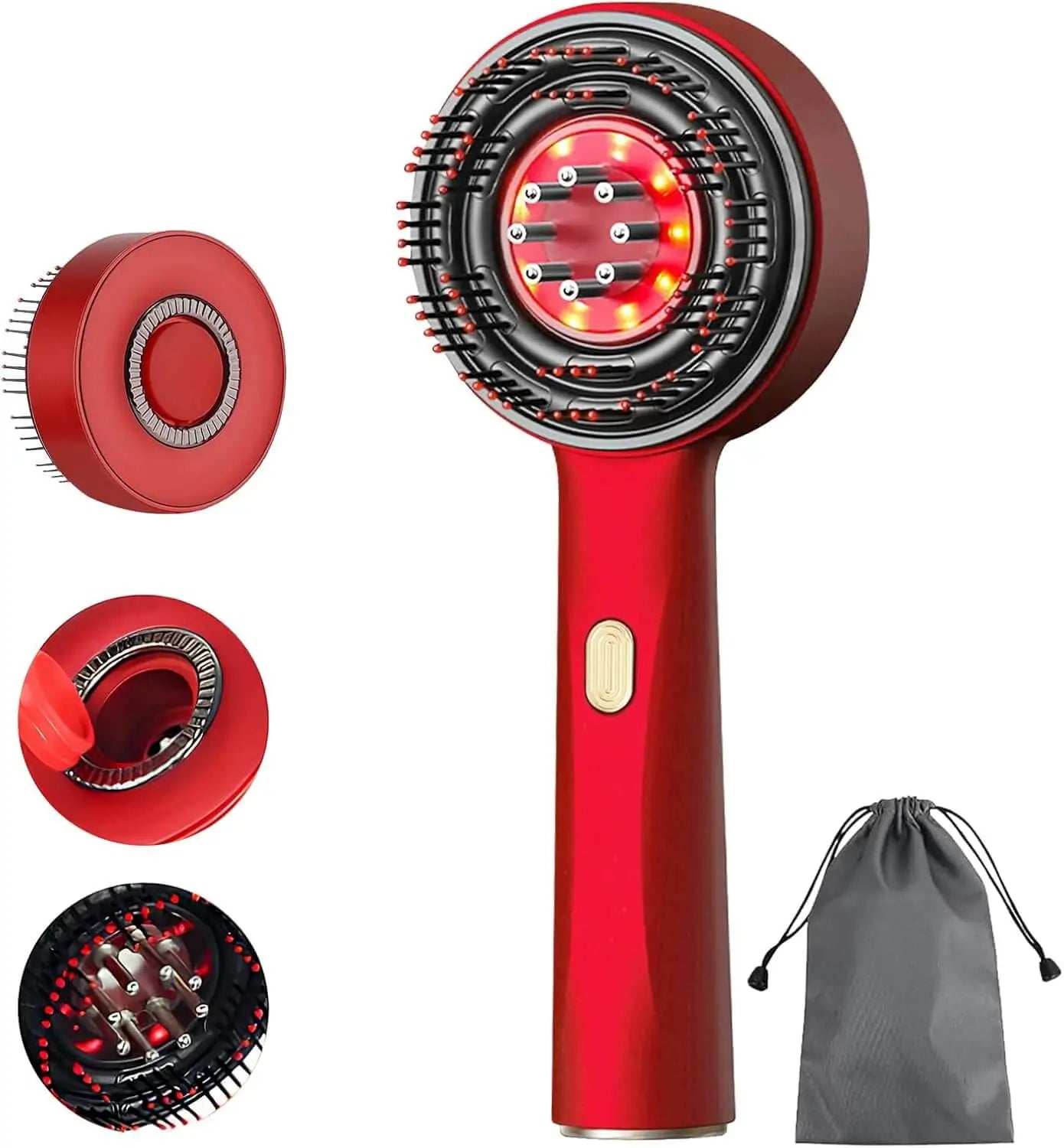 Red handheld device with multiple attachments and a gray carrying bag on a white background