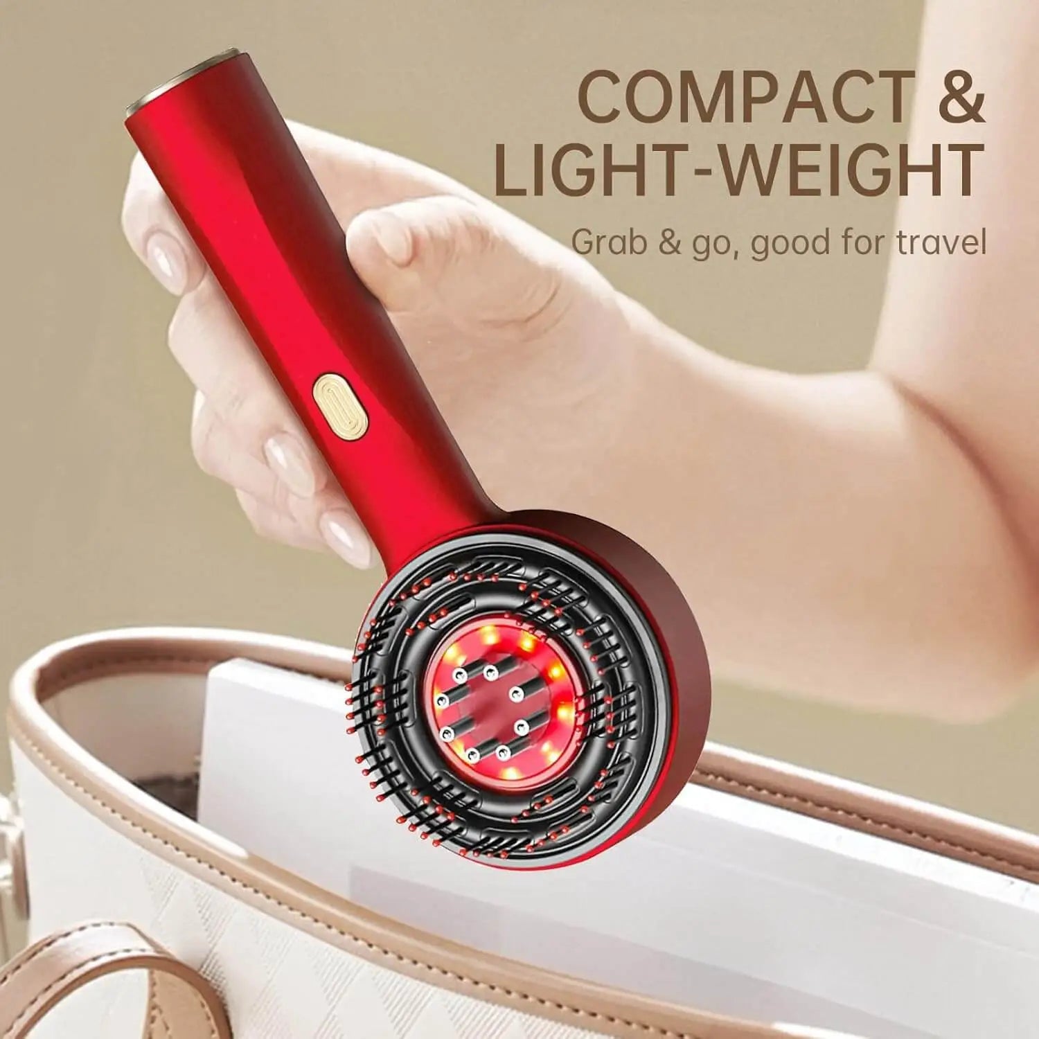 Red handheld hair dryer held by a hand with text 'Compact & Lightweight' on a beige background