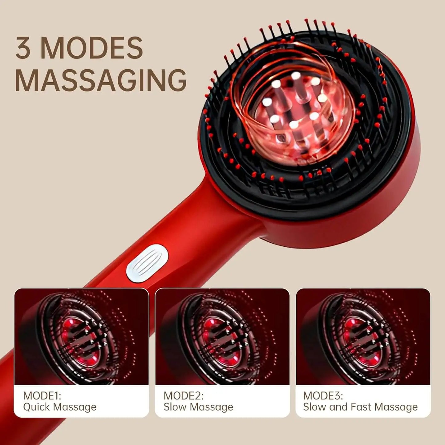 Red massage tool with three modes of massage on a beige background