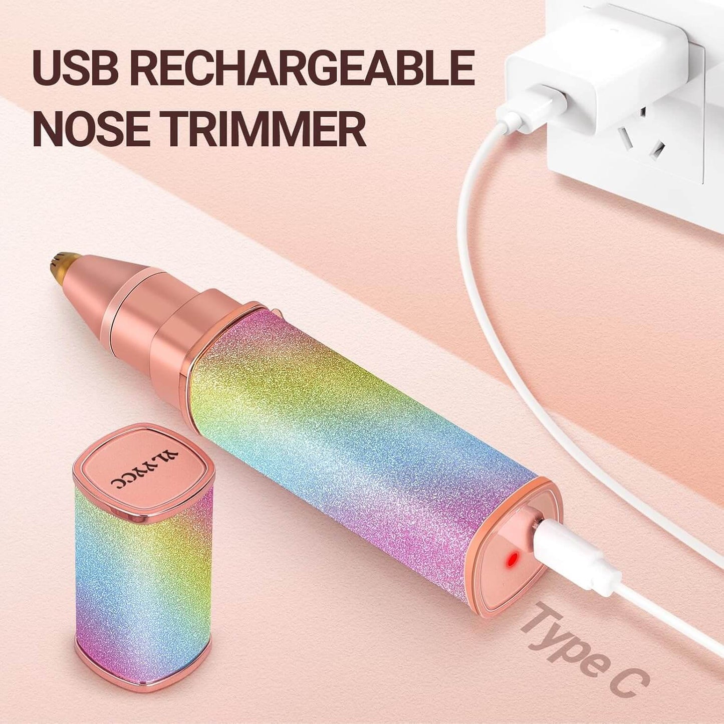 USB rechargeable nose trimmer with rainbow gradient design on a light pink background